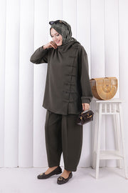 Button Detail Tunic and Trouser Set 1204 Khaki — view 3