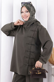 Button Detail Tunic and Trouser Set 1204 Khaki — view 5