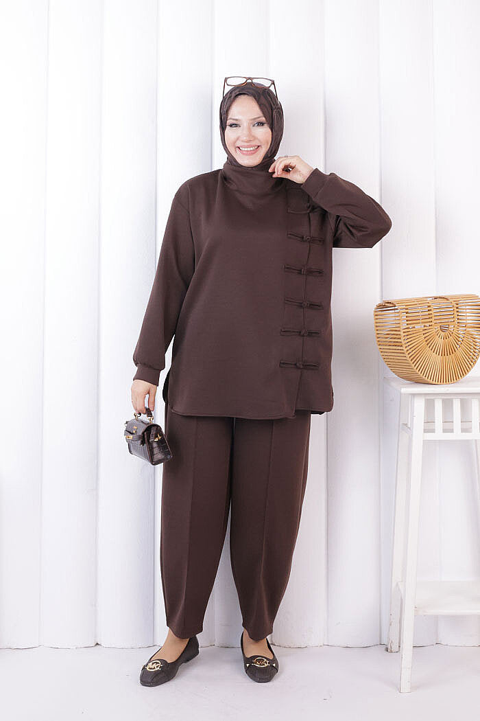 Button Detail Tunic and Trouser Set 1204 Brown — view 1