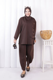 Button Detail Tunic and Trouser Set 1204 Brown — view 2