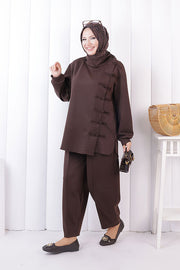 Button Detail Tunic and Trouser Set 1204 Brown — view 3