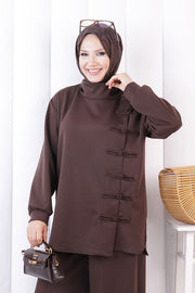 Button Detail Tunic and Trouser Set 1204 Brown — view 5