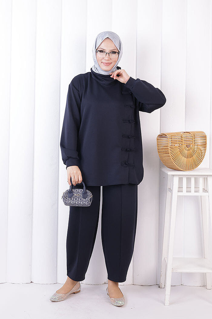 Button Detail Tunic and Trouser Set 1204 Navy