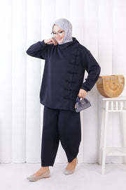 Button Detail Tunic and Trouser Set 1204 Navy — view 2