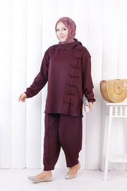 Button Detail Tunic and Trouser Set 1204 Plum — view 2