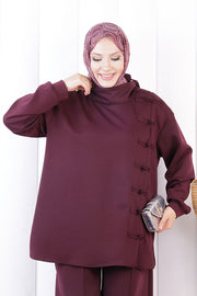 Button Detail Tunic and Trouser Set 1204 Plum — view 4