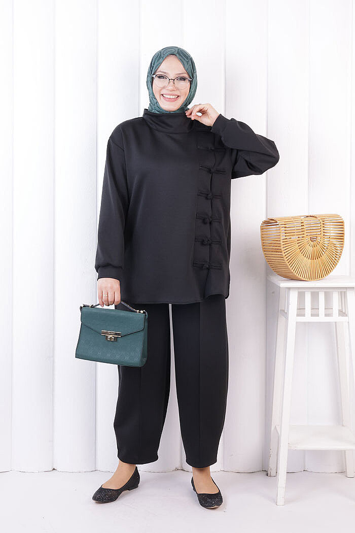 Button Detail Tunic and Trouser Set 1204 Black — view 1