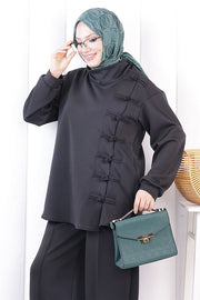 Button Detail Tunic and Trouser Set 1204 Black — view 5