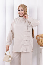 Button Detail Tunic and Trouser Set 1204 Stone — view 4