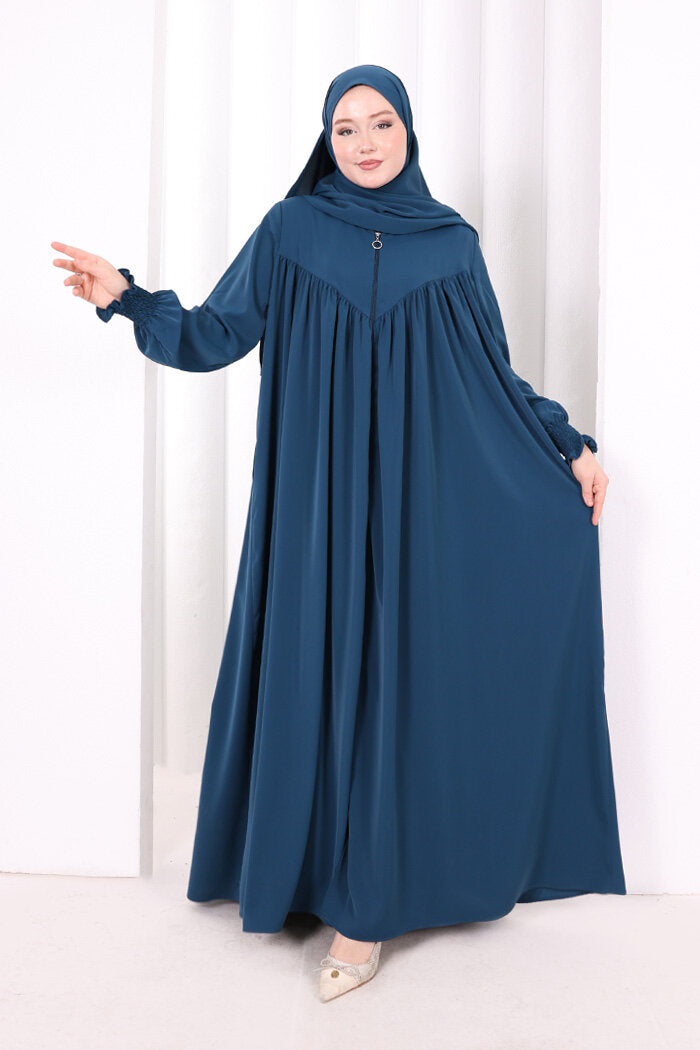 Yoke Detail Abaya with Shawl 7056 Petrol Blue