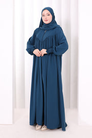 Yoke Detail Abaya with Shawl 7056 in Petrol Blue, view 3