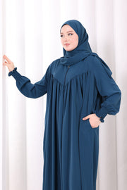 Yoke Detail Abaya with Shawl 7056 in Petrol Blue, view 4