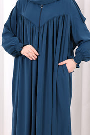 Yoke Detail Abaya with Shawl 7056 in Petrol Blue, view 5
