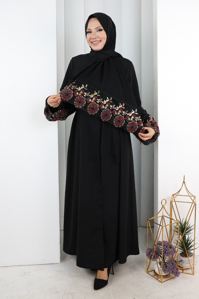 Beaded Embroidered Abaya 9203 Black-Burgundy