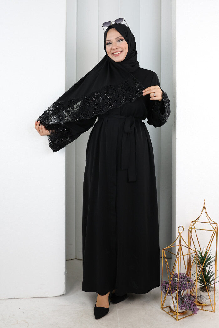 Beaded Embroidered Abaya 9203 Black