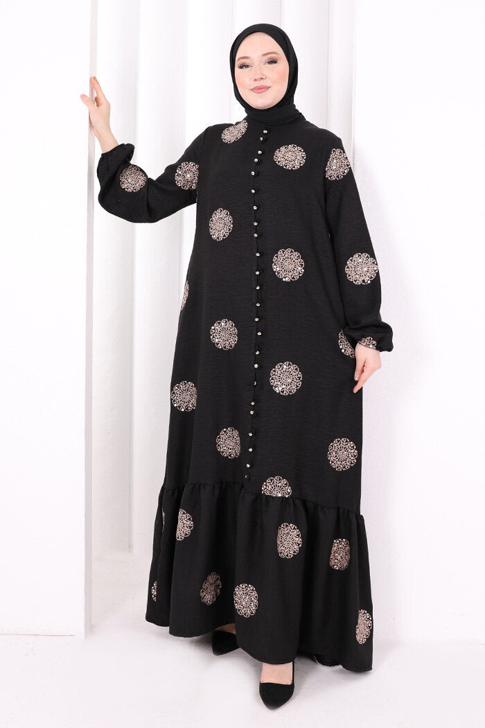Full-Button Embroidered Dress 6099 Mink