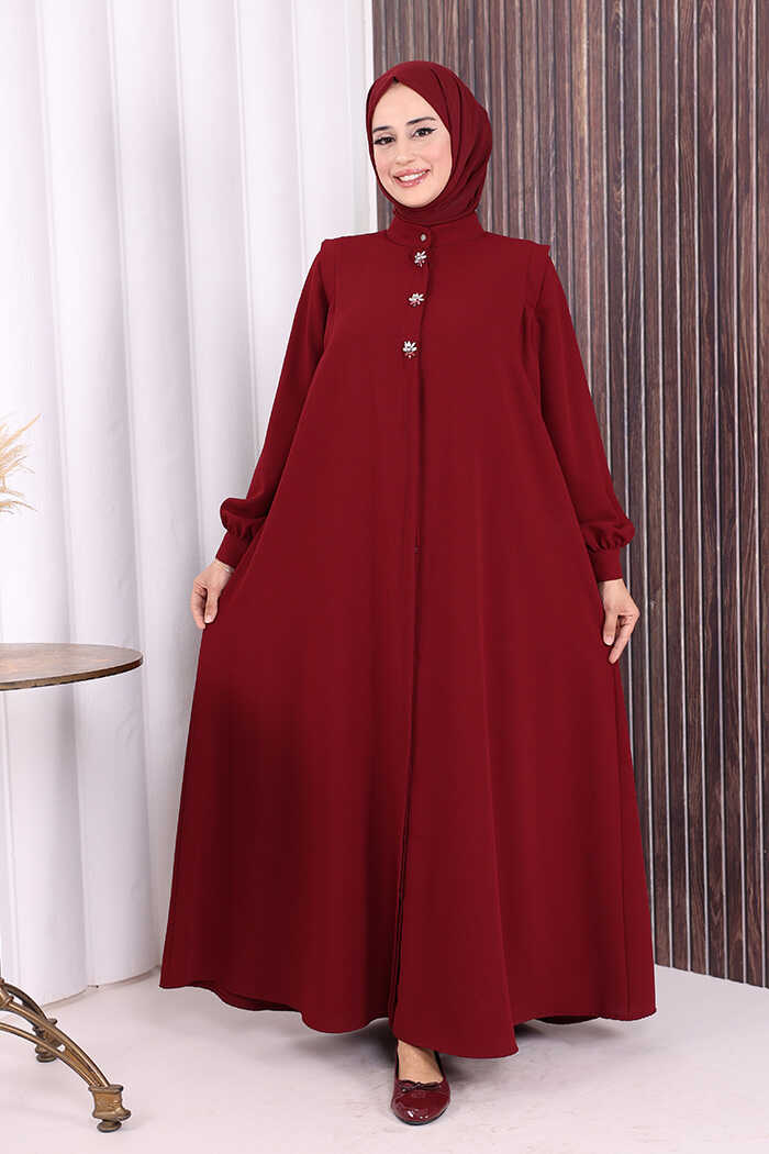 Embellished Button-Front Abaya 7903 Burgundy