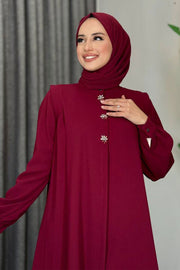Embellished Button-Front Abaya 7903 Burgundy - view 11
