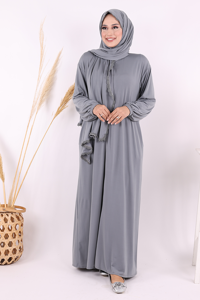 Lace-Detailed Prayer Abaya with Matching Hijab 6010 Gray