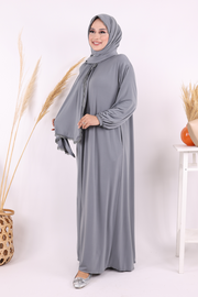 Lace-Detailed Prayer Abaya with Matching Hijab 6010 Gray - view 2