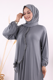 Lace-Detailed Prayer Abaya with Matching Hijab 6010 Gray - view 4