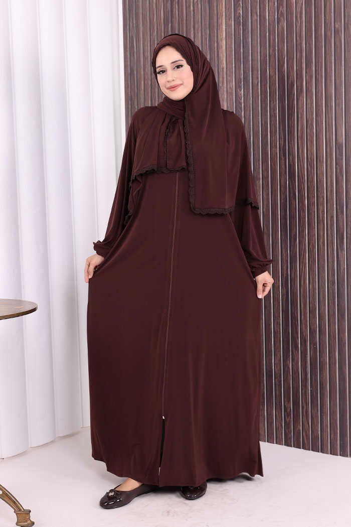 Lace-Detailed Prayer Abaya with Matching Hijab 6010 Brown