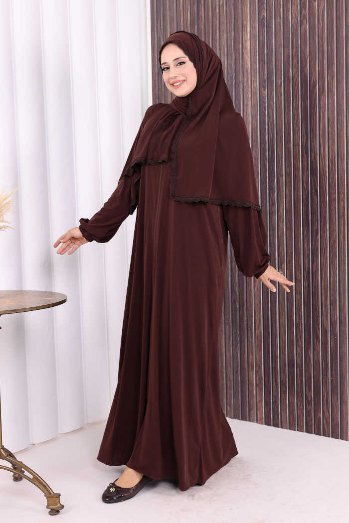 Lace-Detailed Prayer Abaya with Matching Hijab 6010 Brown