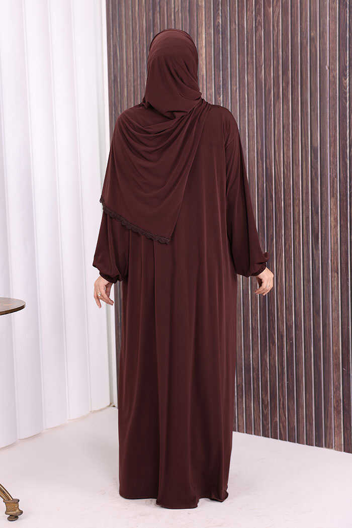 Lace-Detailed Prayer Abaya with Matching Hijab 6010 Brown