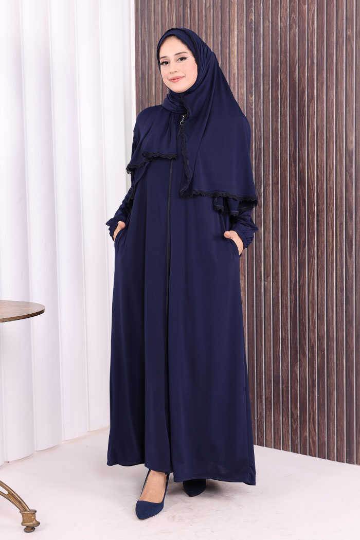 Lace-Detailed Prayer Abaya with Matching Hijab 6010 Navy