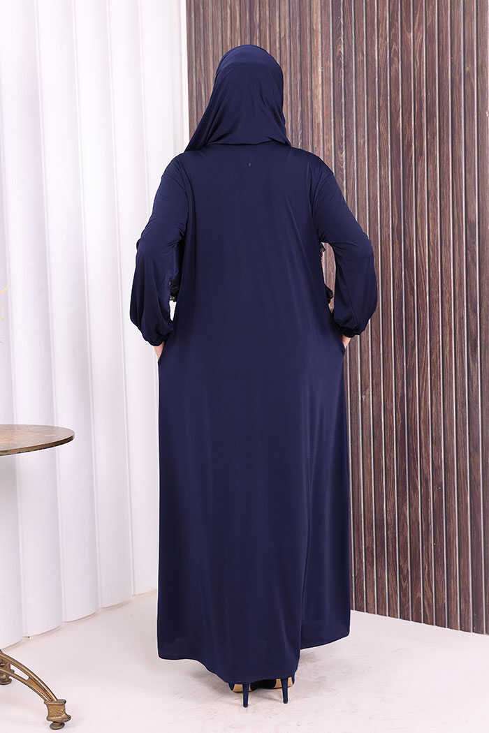 Lace-Detailed Prayer Abaya with Matching Hijab 6010 Navy