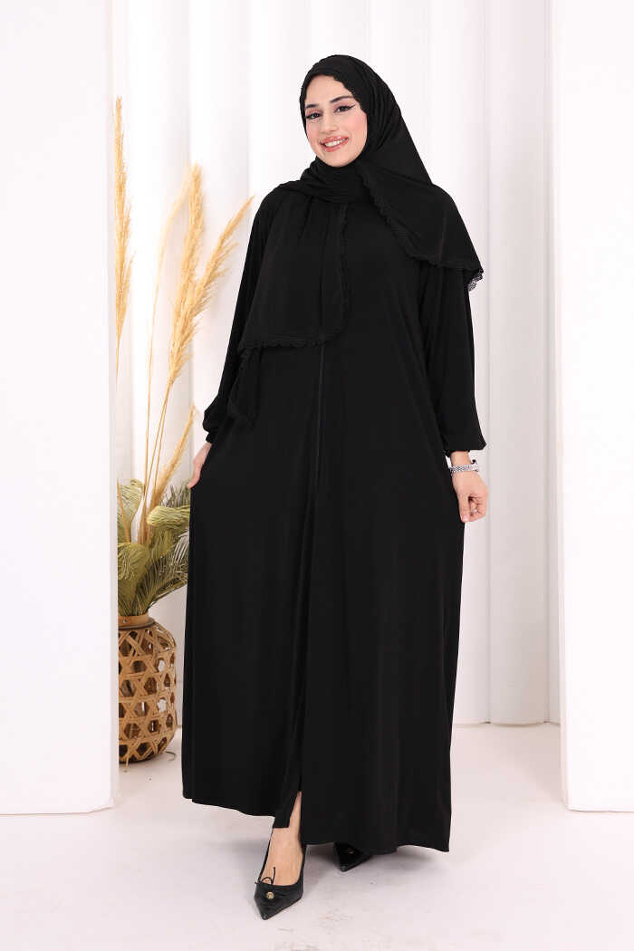 Lace-Detailed Prayer Abaya with Matching Hijab 6010 Black