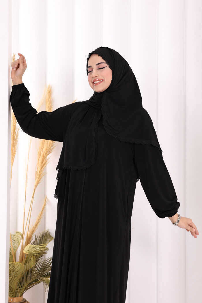 Lace-Detailed Prayer Abaya with Matching Hijab 6010 Black