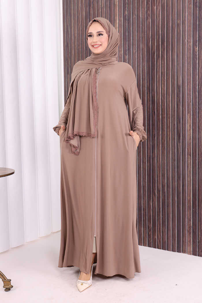 Lace-Detailed Prayer Abaya with Matching Hijab 6010 Mink