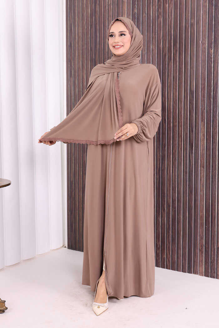 Lace-Detailed Prayer Abaya with Matching Hijab 6010 Mink