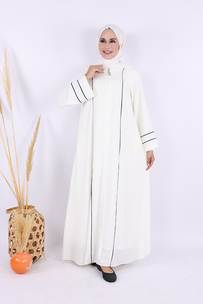 Piped-Detail Abaya 6011 Ecru