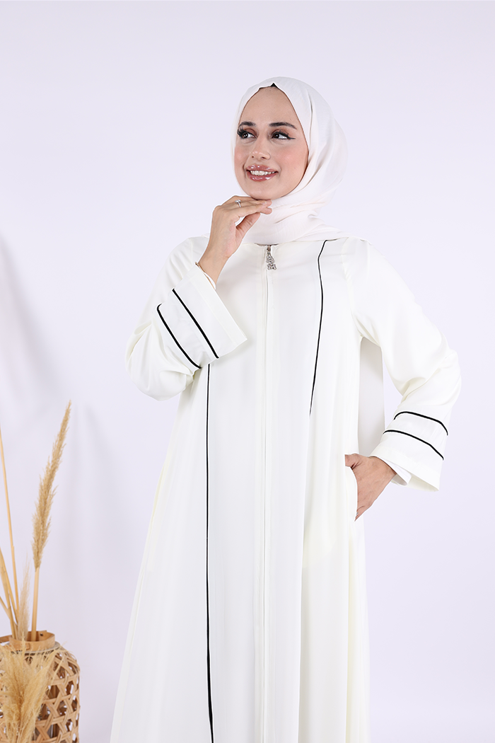 Piped-Detail Abaya 6011 Ecru