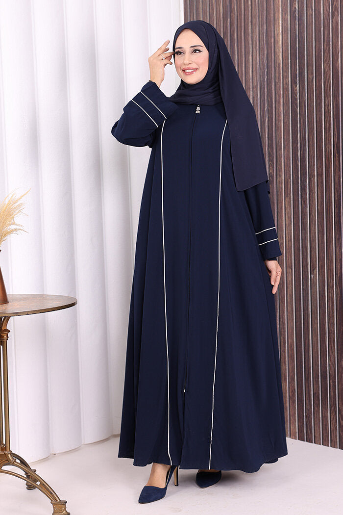 Piped-Detail Abaya 6011 Navy
