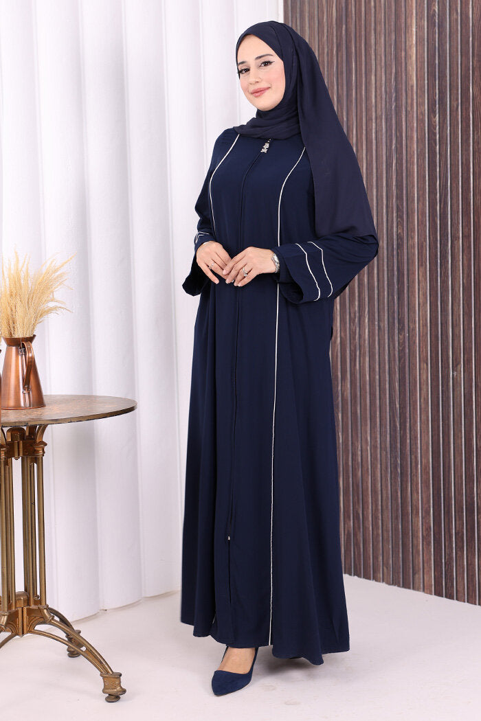 Piped-Detail Abaya 6011 Navy