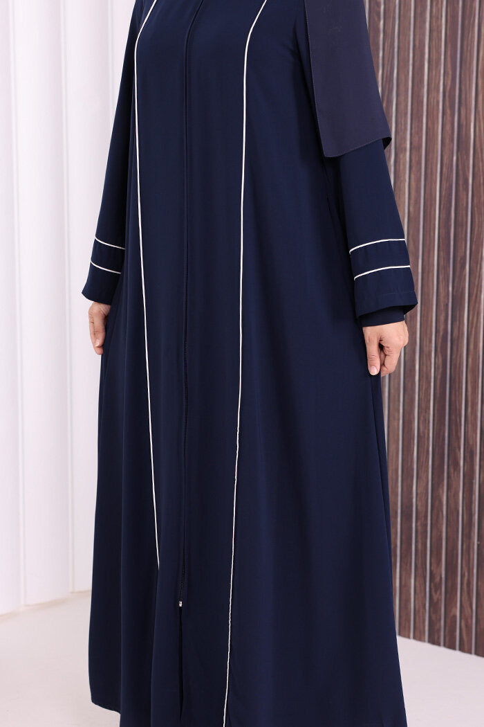 Piped-Detail Abaya 6011 Navy