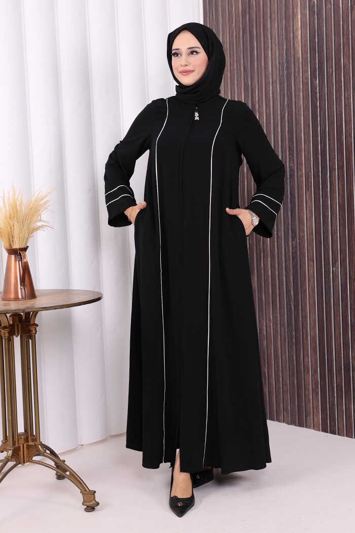 Piped-Detail Abaya 6011 Black