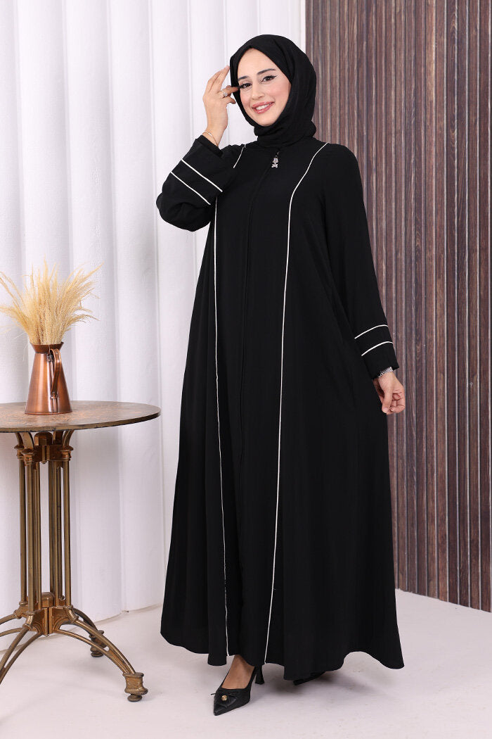Piped-Detail Abaya 6011 Black