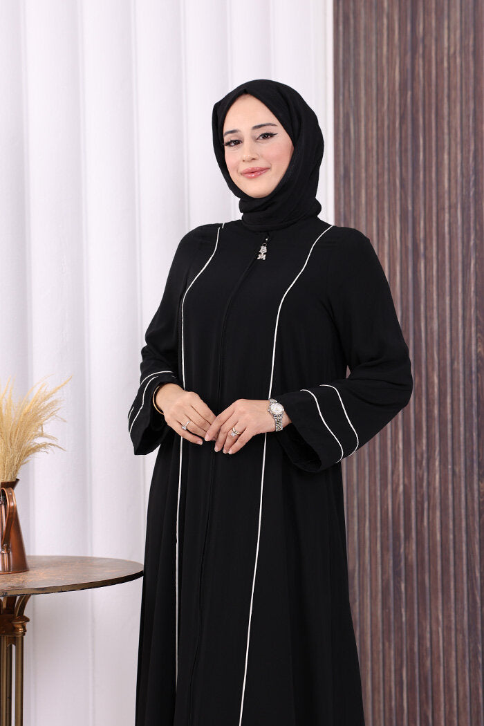 Piped-Detail Abaya 6011 Black
