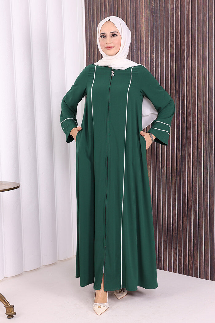 Piped-Detail Abaya 6011 Emerald