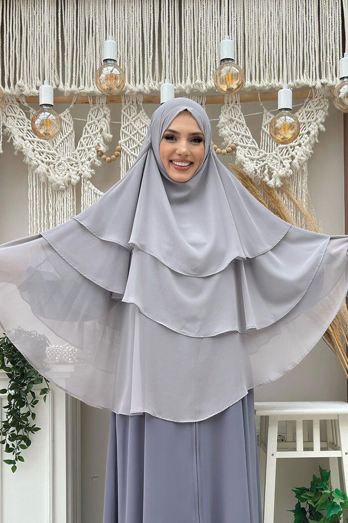 Built-In Niqab Three-Layer Chiffon Hijab 6012 Gray