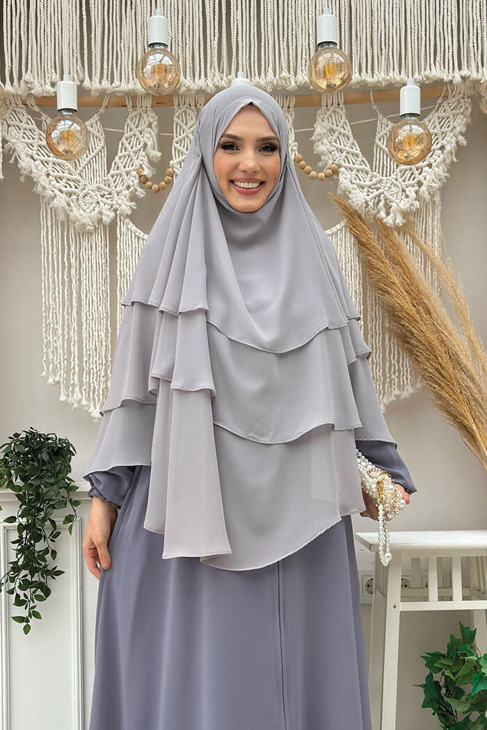 Built-In Niqab Three-Layer Chiffon Hijab 6012 Gray