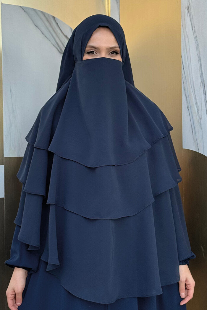 Built-In Niqab Three-Layer Chiffon Hijab 6012 Navy