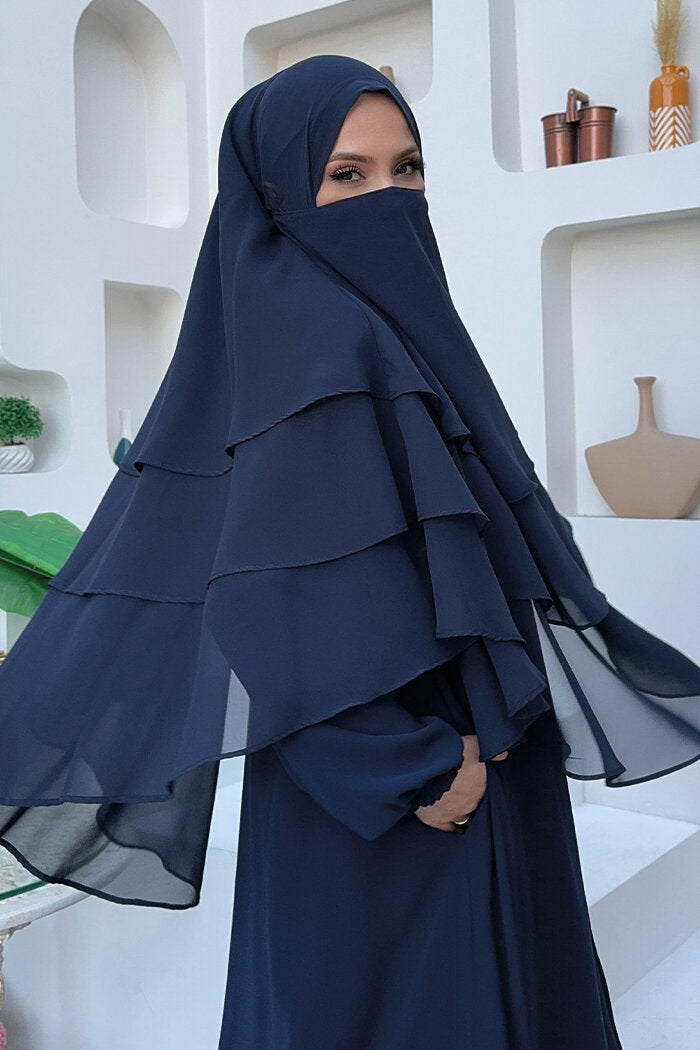 Built-In Niqab Three-Layer Chiffon Hijab 6012 Navy