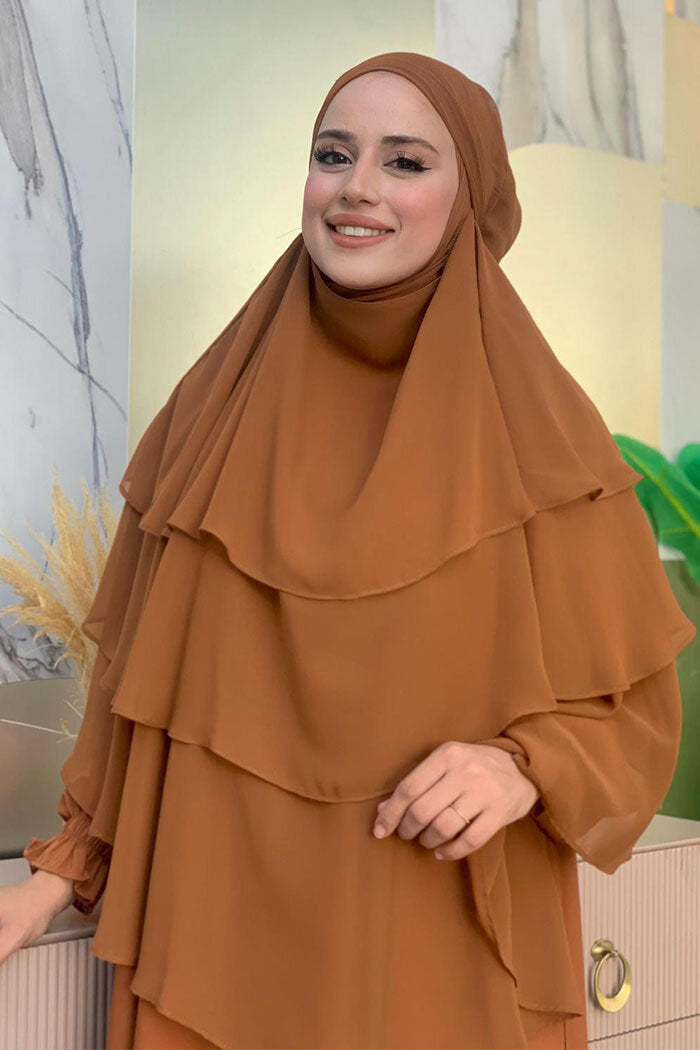 Built-In Niqab Three-Layer Chiffon Hijab 6012 Camel