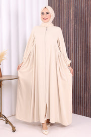 Gathered Elastic-Cuff Abaya 6005 Beige