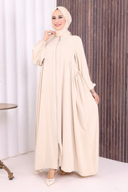 Gathered Elastic-Cuff Abaya 6005 Beige - view 2